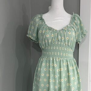 Mint Green Floral Smocked Midi Dress